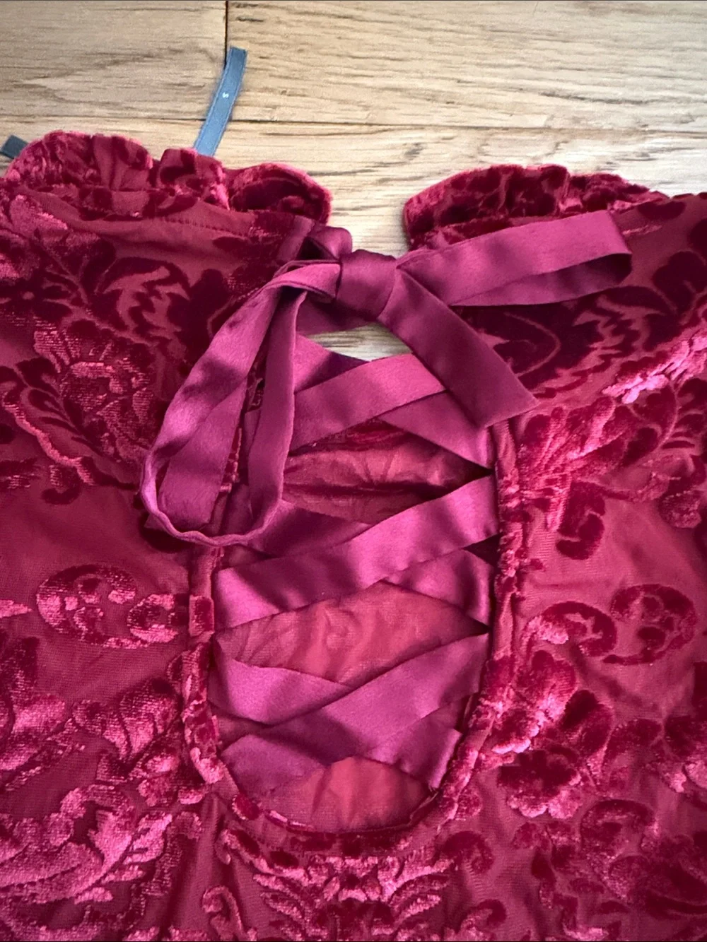 S - Anthropologie-Deep Burgundy Burnout Velvet Long-Sleeve Top with Lace-Up Back
